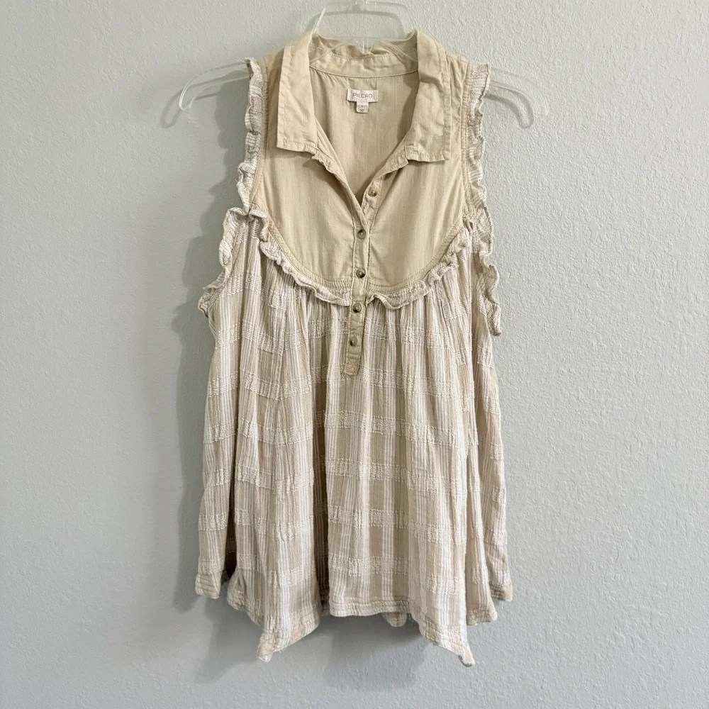 Pilcro Anthropologie Textured Babydoll Tunic Top Large Ruffle Cottagecore Boho - Picture 2 of 14